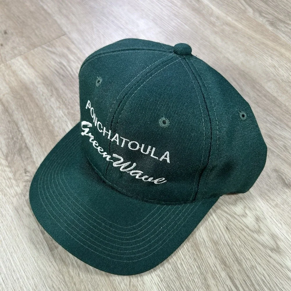 VTG Ponchatoula Green Wave Script Snapback Hat Green Youngan Wool Cap